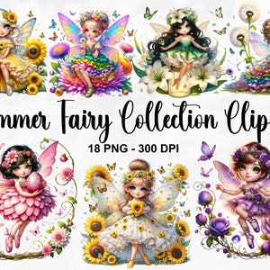 水彩画の夏の妖精コレクション クリップアート、18 個の PNG ひまわりクリップアート、妖精の印刷物、夏の妖精バンドル、虹の妖精、商用利用