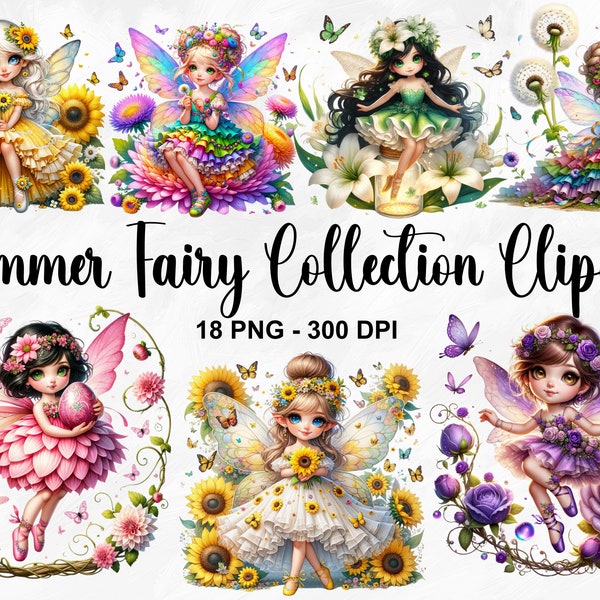 Watercolor Summer Fairy Collection Clipart, 18 PNG Sunflower Clipart, Fairy Printables, Summer Fairy Bundle, Rainbow Fairy, Commercial Use