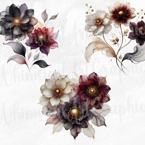 May include: Three floral arrangements with burgundy, white, and black flowers. The flowers have gold accents and are arranged on a white background.