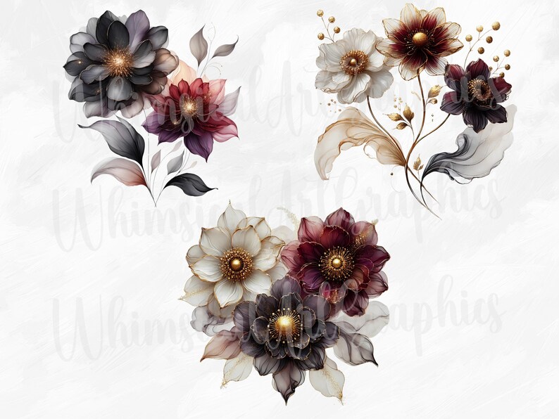 May include: Three floral arrangements with burgundy, white, and black flowers. The flowers have gold accents and are arranged on a white background.
