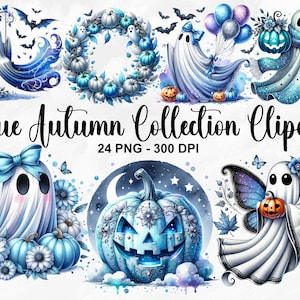 Könnte beinhalten: Eine Sammlung von 24 digitalen Clipart-Bildern zum Thema Halloween in Blau und Weiß. Die Bilder beinhalten Geister, Kürbisse, Fledermäuse und Kränze. Die Bilder sind perfekt für die Verwendung in digitalem Scrapbooking, Kartenherstellung und anderen Bastelprojekten.
