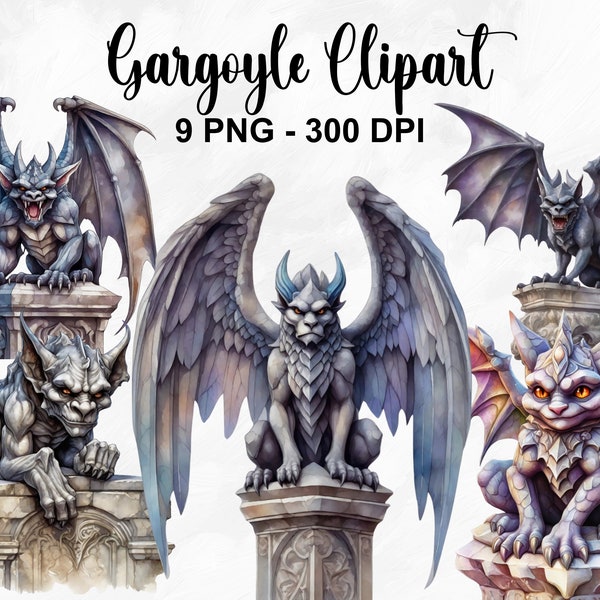 Watercolor Gargoyle Clipart, 9 PNG Gargoyle Clipart, Gothic Gargoyle Clipart, Guardian Clipart, Winged Gargoyle PNG, Commercial Use
