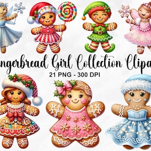 Aquarell Lebkuchen Mädchen Clipart, 21 PNG Lebkuchen Clipart Bundle, Lebkuchen Mädchen Keks, Weihnachtskekse Clipart, kommerzielle Nutzung