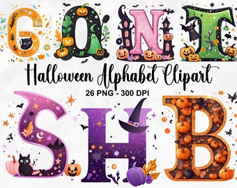Halloween alfabetet Clipart, 26 PNG Halloween Doodle bokstäver Clipart, Halloween Clipart alfabetet, alfabetets initialer, kommersiellt bruk
