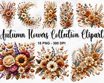 May include: A collection of watercolor-style floral clip art in warm autumn colors. The image features various arrangements of flowers, including sunflowers, roses, and daisies, with the text "Autumn Flowers Collection Clipart".