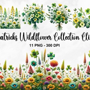 Aquarell St Patricks Wildblumen Clipart, 11 PNG St Patricks Day Clipart, Wildblumen Rahmen Clipart, Blumenrahmen PNG, kommerzielle Nutzung