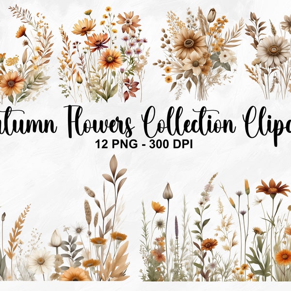 Watercolor Autumn Flowers Collection Clipart, 12 PNG Floral Clipart, Fall Wildflowers PNG, Floral Border, Wedding Clipart, Commercial Use