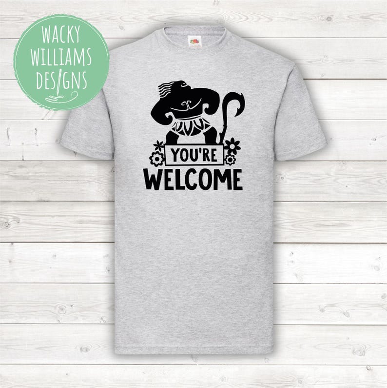 May include: A gray t-shirt with a black graphic of a cartoon character with the text "You're Welcome".