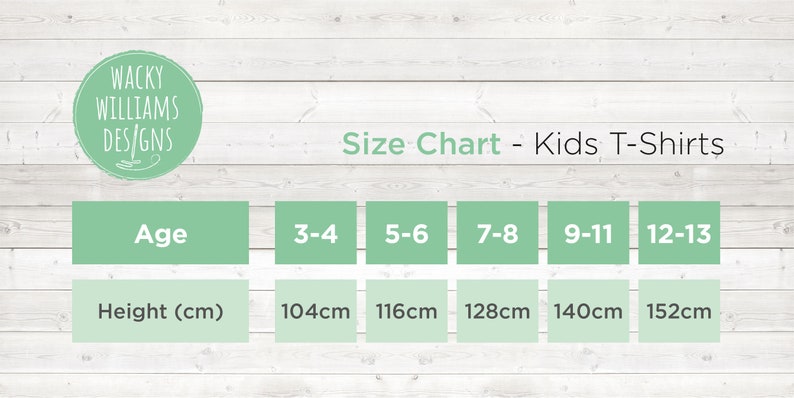 May include: Size chart for kids' t-shirts, showing age ranges and corresponding height measurements in centimeters. The chart is on a light wood background.