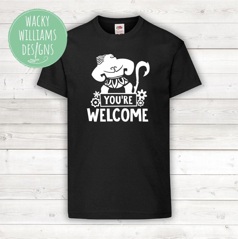 May include: Black t-shirt with a white graphic of a cartoon character with a sign that says "You're Welcome".