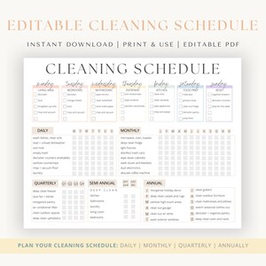 Editable cleaning schedule for an organized house, ADHD printable cleaning planner, digital chore checklist, printable master cleaning list