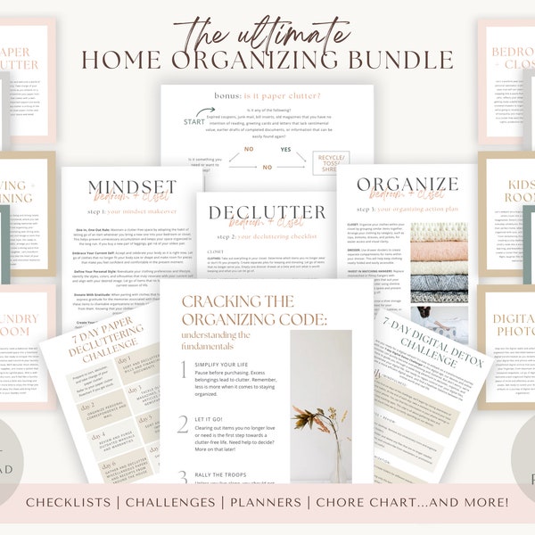 Ultimate home organization decluttering ebook, decluttering planner, home declutter checklist, chore chart PDF, digital cleaning printable