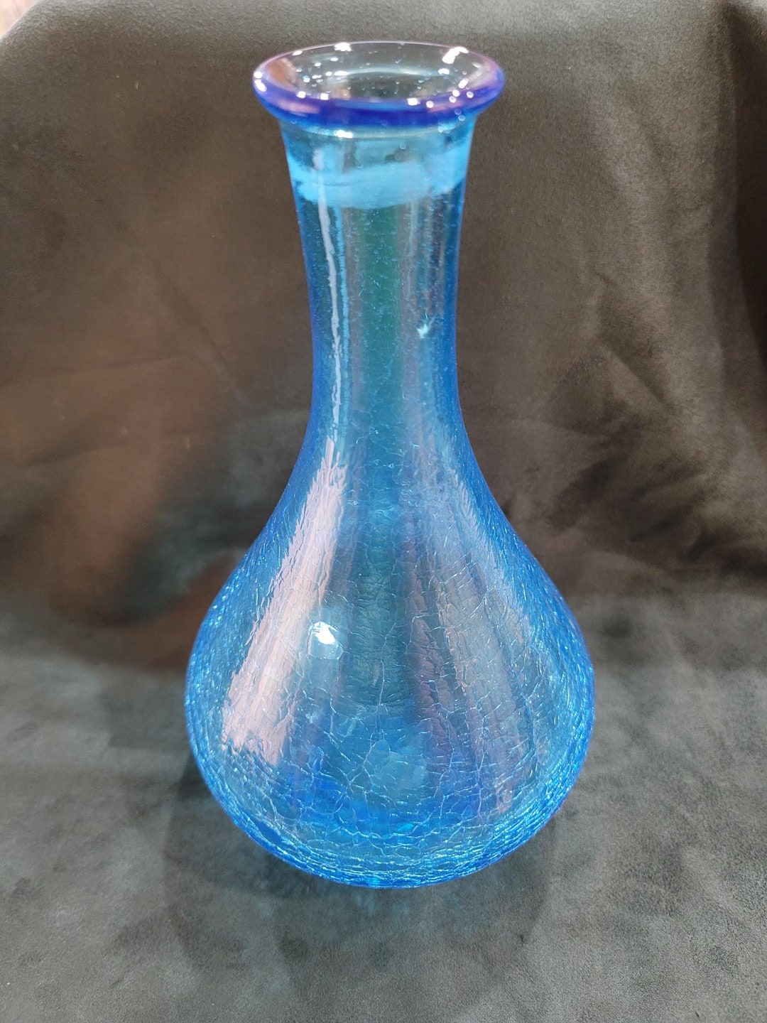 Vintage Blue Crackle Glass Vase Etsy