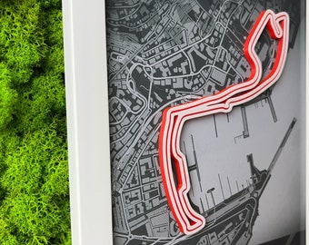 Formel-1-Rahmen für die Rennstrecke von Monaco, 3D-Effekt, Rennstreckenkollektion, Perfektes Geschenk für F1-Fan, Grand-Prix-Wandkunst