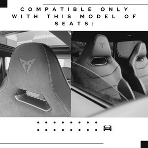 May include: Black and white image of a car's interior with two bucket seats. The seats have a black leather upholstery and a prominent logo on the headrest. The text "COMPATIBLE ONLY WITH THIS MODEL OF SEATS:" is displayed at the top of the image.