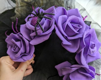 Gothic Wedding Flower Crown: Witchy Bridal Veil, Halloween Tiara