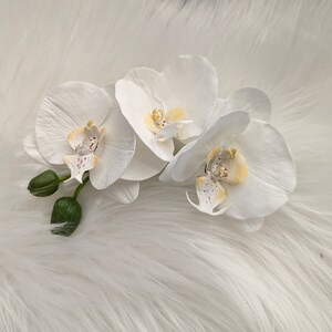 Op de afbeelding: Drie witte orchidee&euml;n met gele centra en bruine markeringen op een wit, pluche oppervlak.