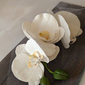 Op de afbeelding: Drie witte orchidee&euml;n met groene stelen en knoppen op een grijze, textuurrijke achtergrond.