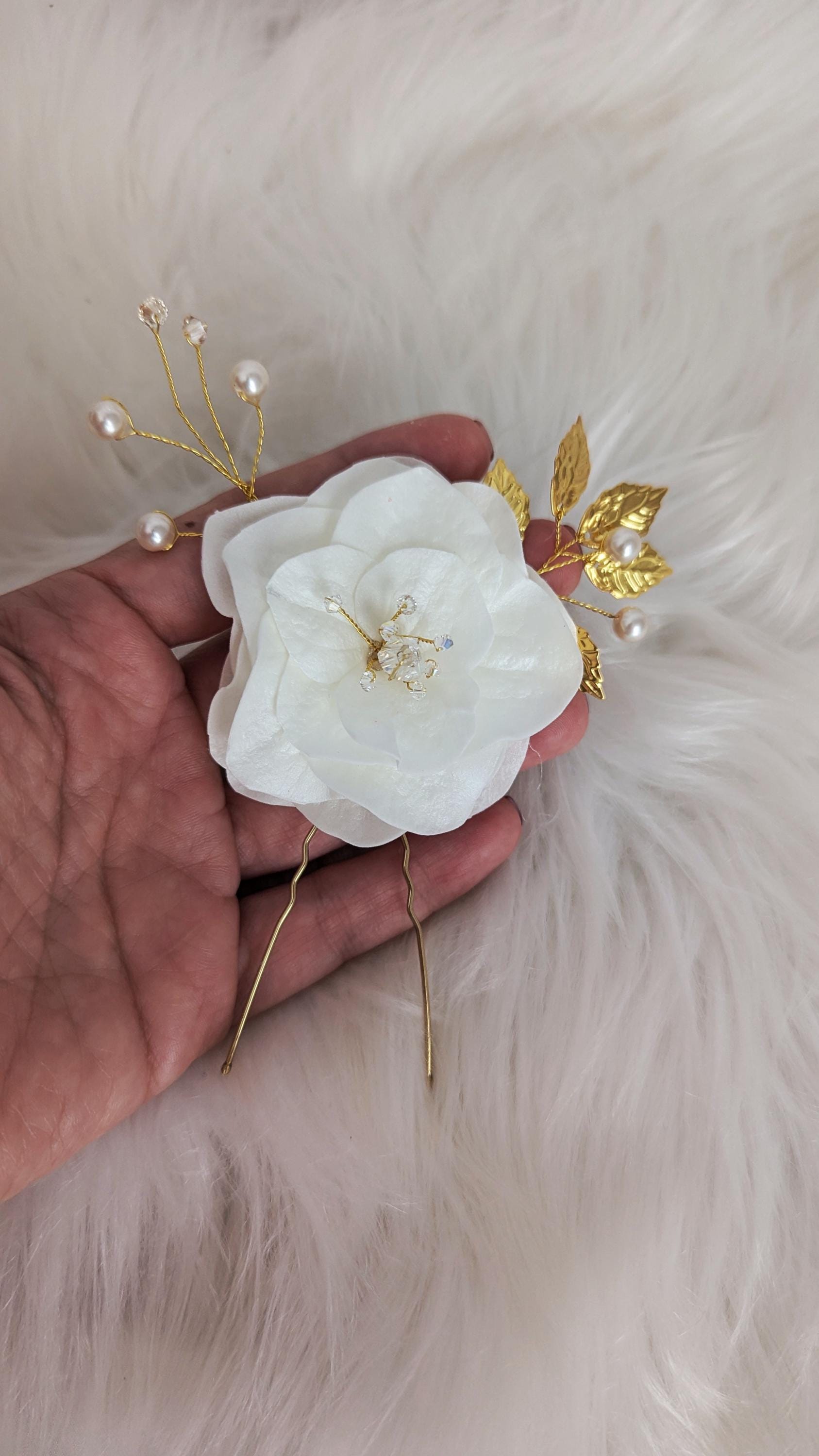 Ivory Satin Flower Hair Clip or brooch with Rhinestone Trim Ivory Satin Bridal Flower Brooch, Pearl Crystal Hair Clip - Etsy main image 4