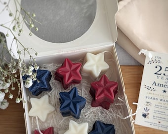 Juego de 15 pastillas de cera aromáticas patrióticas con forma de estrellas / Regalo para el 4 de julio / Pastillas de cera aromáticas rojas, blancas y azules / Decoración para el hogar del Día de la Independencia / Regalo para el 250 aniversario de EE. UU.