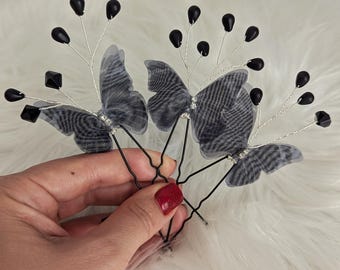 Zwarte chiffon haarspelden met vlinder: gotische bruiloftaccessoires