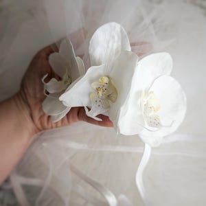 Op de afbeelding: Drie witte orchidee&euml;n met gele centra worden in een hand gehouden. De bloemen bevinden zich op een witte tule achtergrond.