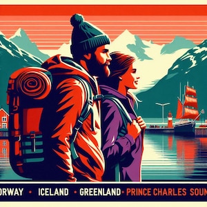 May include: A stylized travel poster featuring a couple with backpacks, overlooking a harbor with a ship and mountains. The color palette includes red, orange, blue, and purple. Text at the bottom reads "NORWAY • ICELAND • GREENLAND • PRINCE CHARLES SOUND."