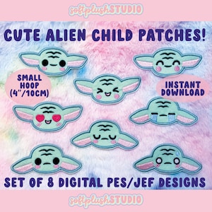 May include: Set of eight digital embroidery designs featuring cute alien child faces with different expressions. The designs are perfect for creating patches, iron-ons, or other crafts. The designs are available in PES and JEF formats. The text "SMALL HOOP (4"/10CM)" and "INSTANT DOWNLOAD" are also included in the image.