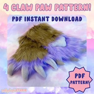 Könnte beinhalten: Ein Paar Plüsch-Krallenpfoten aus braunem und lila Kunstfell mit grauen Krallen. Das Bild enthält den Text "4 CLAW PAW PATTERN!" und "PDF INSTANT DOWNLOAD". Eine rosa Sternburst-Grafik lautet "PDF PATTERN!"