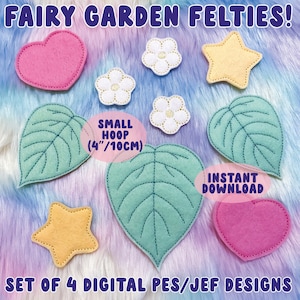 May include: Set of four digital embroidery designs for a fairy garden theme. The designs include a heart, a star, a leaf, and a flower. The designs are suitable for a 4-inch embroidery hoop.