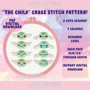 Baby Alien Kind Kreuzstich Muster PDF *Digital Download!* Anfänger einfach niedlich Kawaii Emotes Stickerei Wandbehang