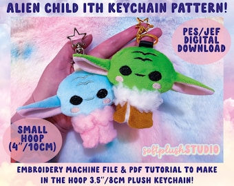 Baby Alien Kind ITH Maschinenstickerei Plüsch PES/JEF Schlüsselanhänger Design *Digital Download!* Pattern Anleitung Süsser Kawaii Stern Frosch