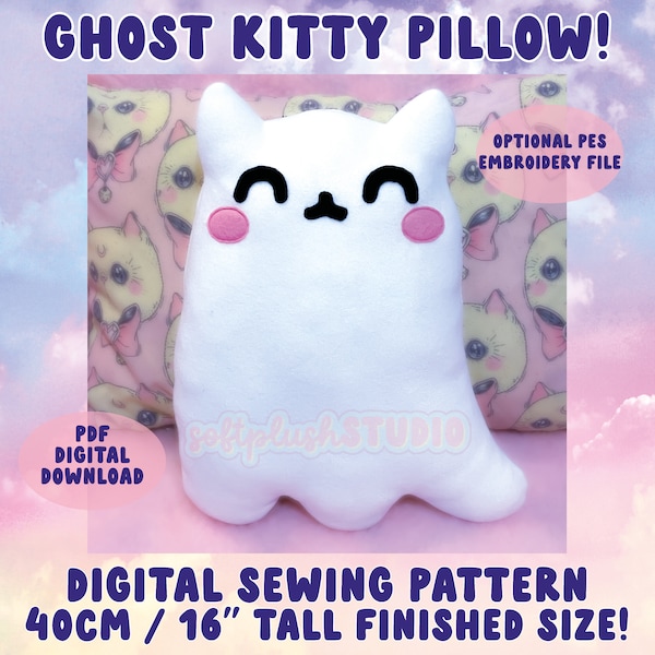 Ghost Kitty Jumbo Pillow *PDF DOWNLOAD* Sewing Pattern and Tutorial! Halloween Cushion Decoration Creepy Cute Kawaii Fleece Plush Plushie