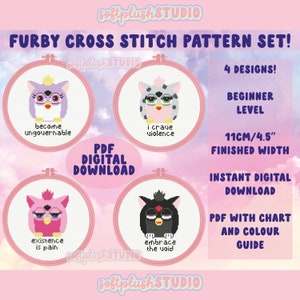 Set of 4 Meme Furby Cross Stitch Pattern PDF *Digital Download!* Beginner Easy Cute Kawaii Y2K Black Demon Embroidery Wall Hanging