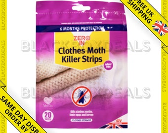 20 Odourless Dry Strips Papers Clothes Moth Killer Kills Moths & Larvae and Eggs