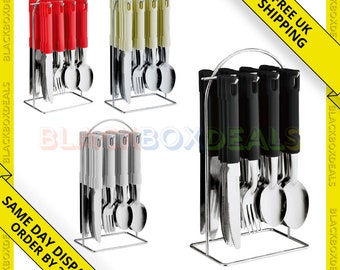 NEW 24PC Cutlery Dinner Set Stainless Steel Metal Stand Rack Forks Tea Spoons