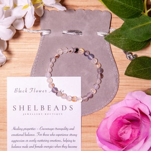 BLACK FLOWER AGATE Handcrafted Carefully Selected 6mm Crystal Bead Bracelet On Stretch Elastic
