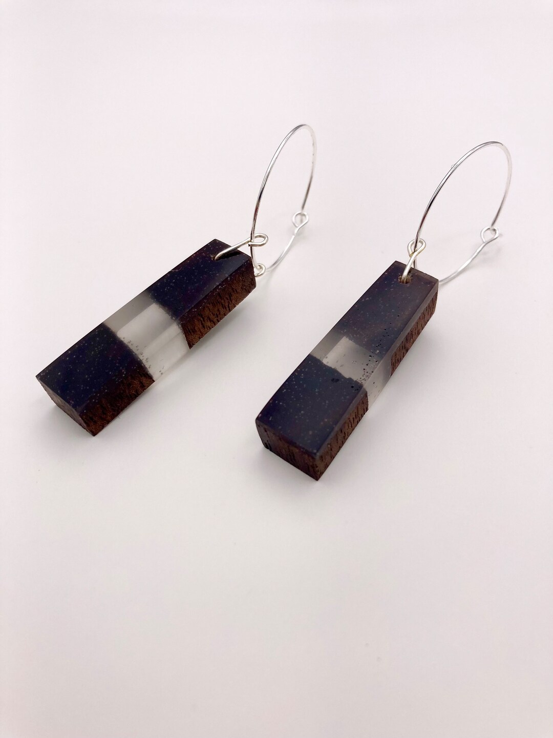 Wood Epoxy Earrings Clear Resin Jewelry Silver Plated Hoop Earrings