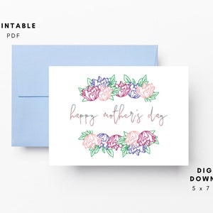 Tarjeta imprimible para el Día de la Madre, regalo para mamá, flores para el Día de la Madre, rosa, morado, descarga instantánea, tarjeta de último minuto, descarga digital, saludo