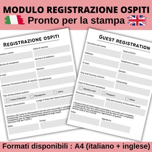 Può includere: Un modulo di registrazione ospiti stampabile in italiano e inglese. Il modulo include campi per nome, indirizzo, data di nascita, numero di telefono, e-mail, genere, cittadinanza e tipo di documento d'identità. Il modulo è pronto per essere stampato e utilizzato per registrare gli ospiti.
