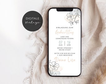 digitale Geburtstagseinladung pastell Blumen minimalistisch | digitale Einladung zur Geburtstagsparty gestalten | Versand per Whatsapp 219