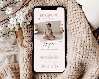 Einladung Taufe mit Foto minimalistisch, digitale Whatsapp Taufeinladung pastell Töne Herz, personalisierbare eCard Vorlage Handy 477