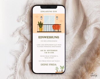 digitale Einladung zur Einweihung im Balkon Retro Design | eCard Einweihungsparty Vorlage selbst personalisieren | Versand per Whatsapp 611