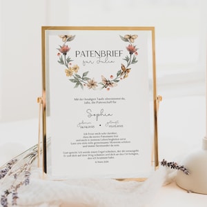Carta de padrino padrinos personalizada con corona de flores, plantilla de cartel imprimible de carta de bautismo de madrina, regalo de bautismo carta de padrinos flores 408