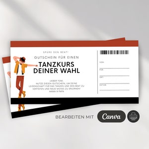 Könnte beinhalten: Ein rotes, schwarzes und weißes Geschenkgutschein mit einer Cartoon-Illustration einer tanzenden Person. Der Text lautet "Spore den Beat! Gutschein fur einen Tanzkurs deiner Wahl." Der Text enthält auch "Lieber Tom, Nutze diesen Gutschein, um deine Leidenschaft fur das Tanzen und den Beat zu vertiefen und neue Moves zu erlernen! Mama & Papa."