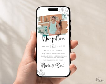 May include: A digital invitation on a smartphone screen with a photo of a couple in front of a building. The invitation reads "Wir pollern" with the date and time of the event. The text also says "Bei uns in Köln zuhause" and "Wir pollern nach alter Sitte".
