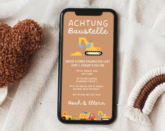 digitale Bagger Geburtstagseinladung Junge, Bagger Baustelle Mottoparty Einladung,  personalisierbare Vorlage Einladung Geburtstagskarte 308