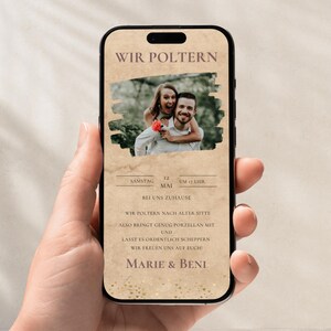 digitale Polterabend Foto Einladung | Kraftpapier Polterabend Einladungskarte Vorlage | Wir Poltern Einladung zum Poltern per Handy 103
