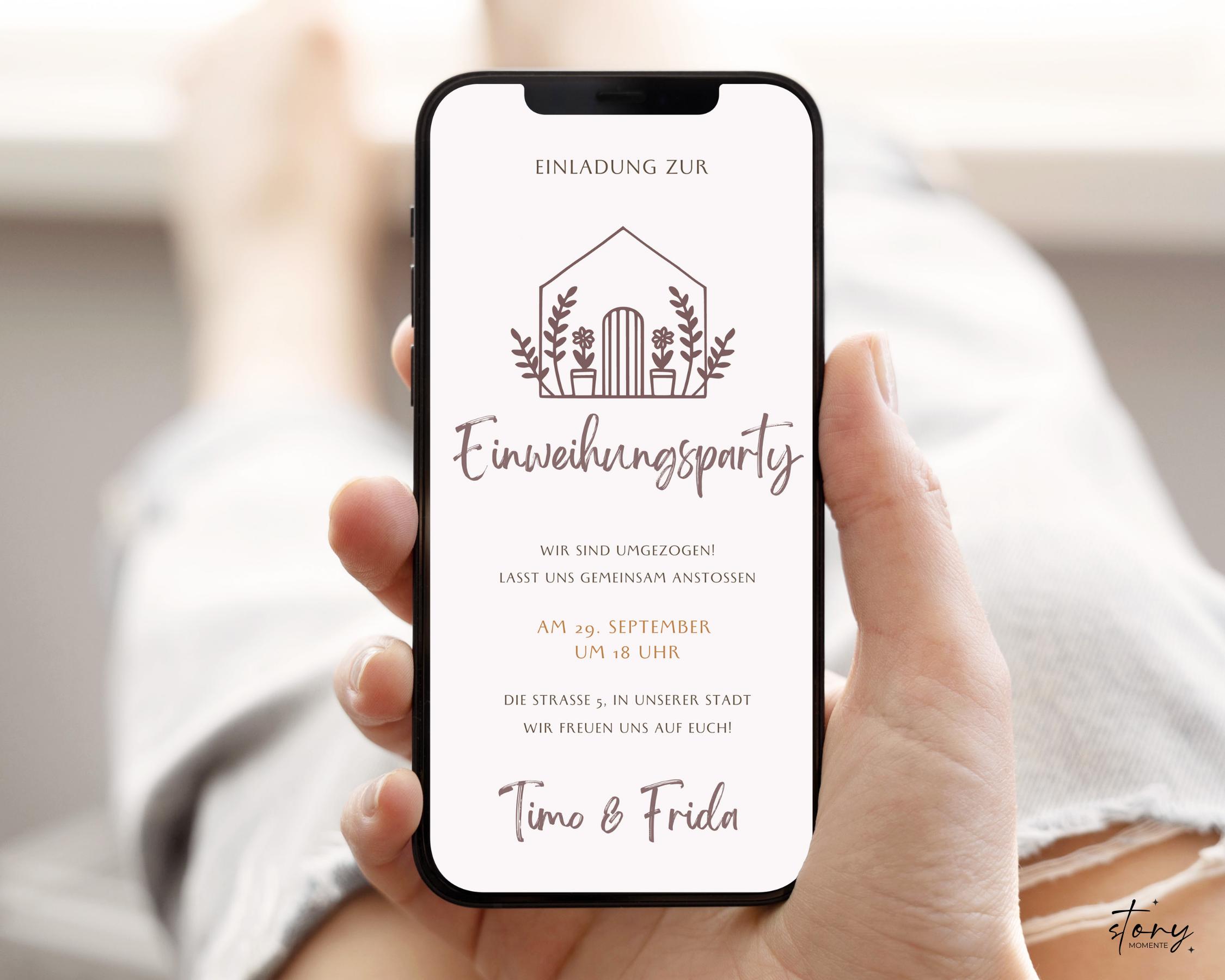 digitale Einladung zur Einweihungsparty | Haus lineArt minimalistisch | eCard Vorlage selbst personalisieren und Versand per Whatsapp 601
