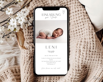 digitale Taufeinladung Herz minimalistisch mit Foto personalisierbar, neutrale Taufkarte Junge Mädchen, Canva Einladungsvorlage Handy 470